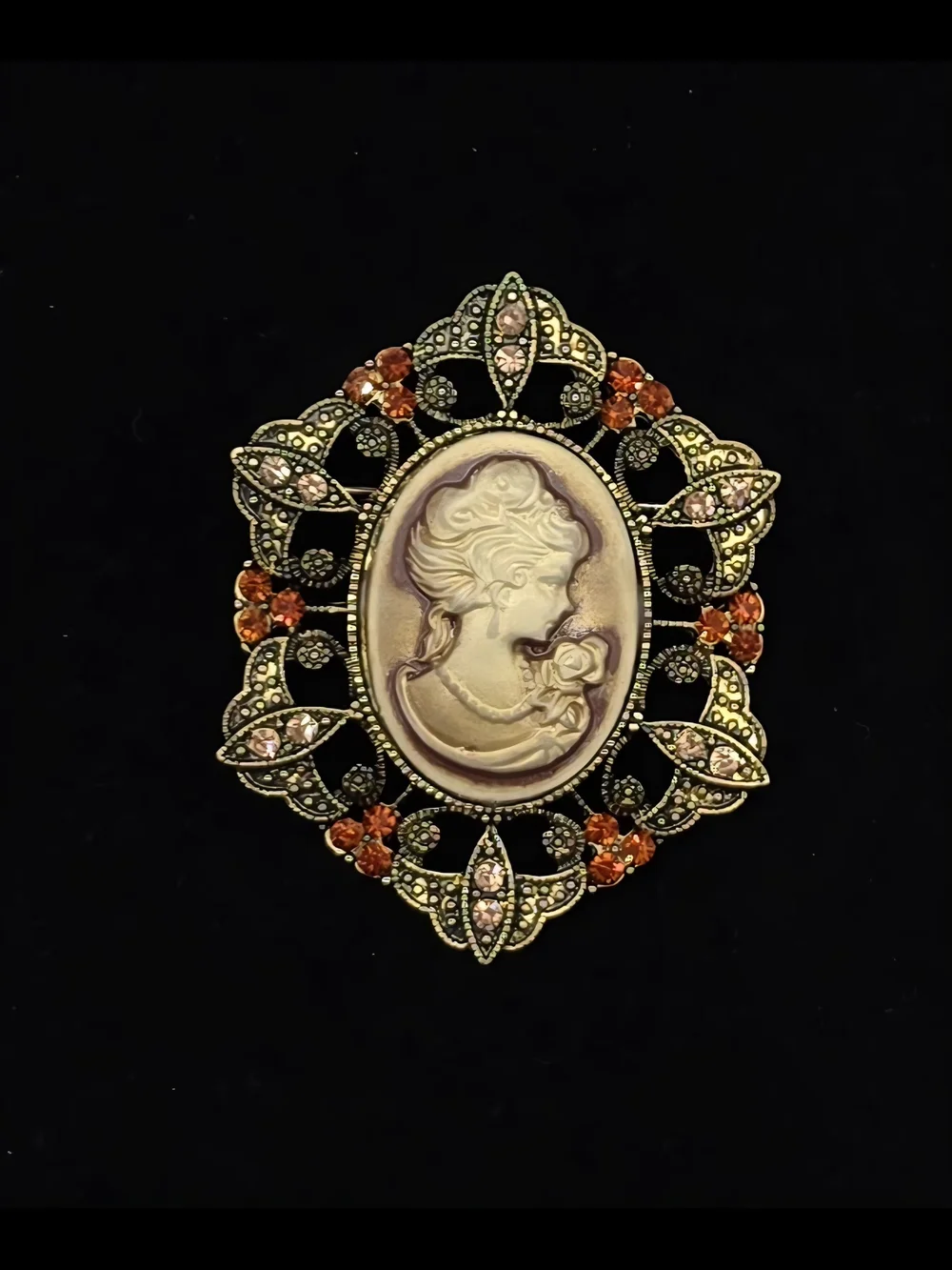 Vintage Style Cameo Brooch with Gold Filigree and Amber Crystal Accents